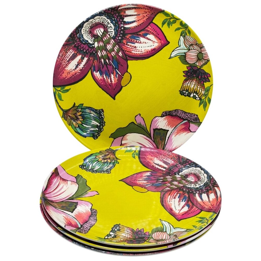 World Market Salad Plates 9" Pink Yellow Botanical Floral Design Dinnerware 4 Pc